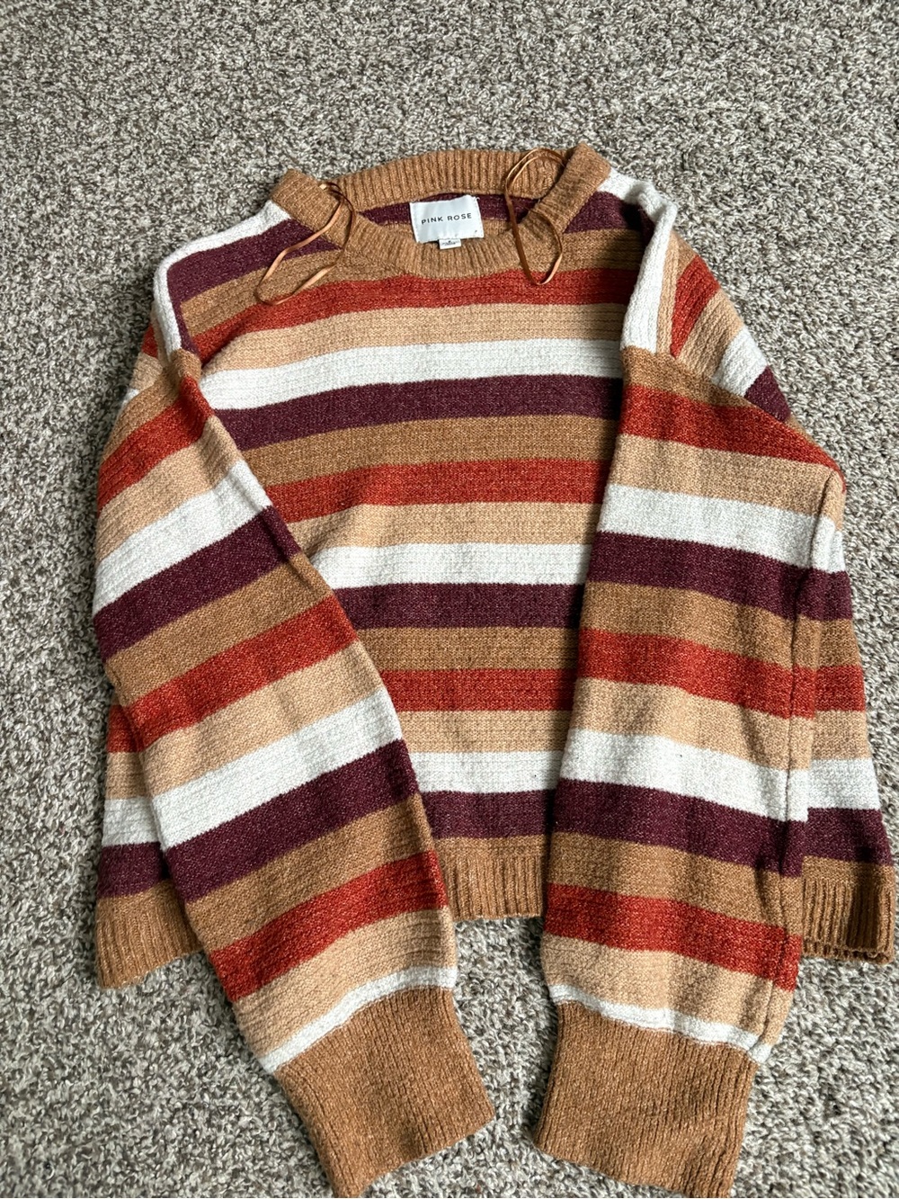 Pink Rose Striped Cold-Shoulder Sweater - Rust Maroon Cream Tan